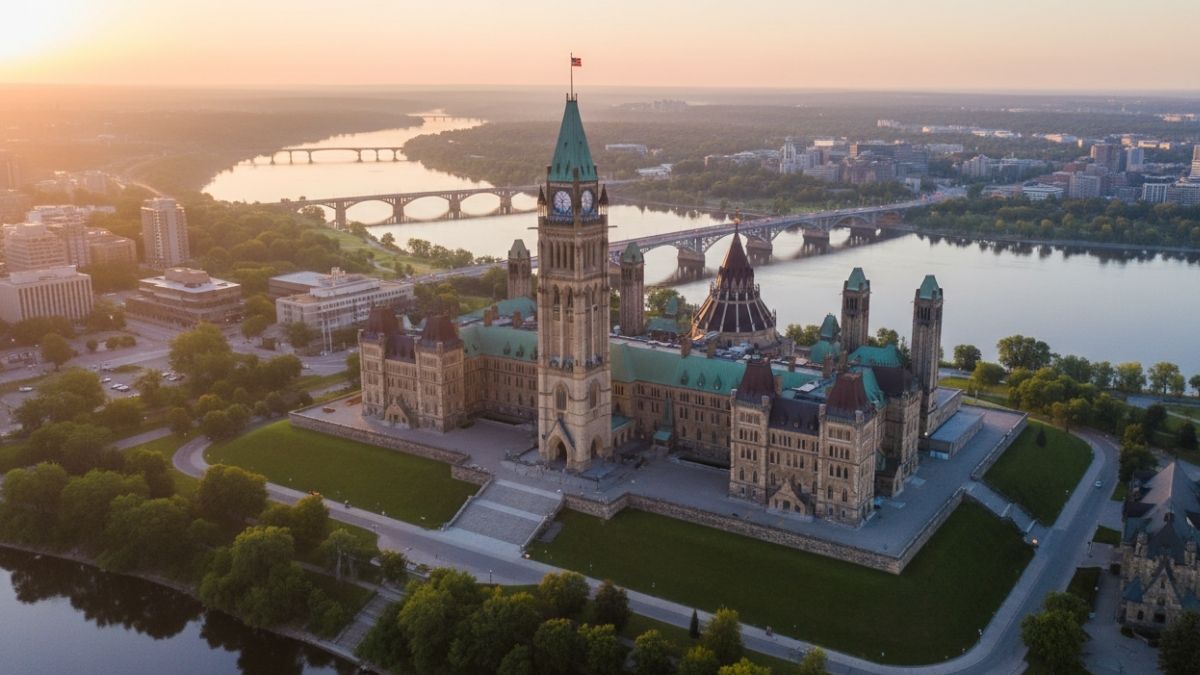 aerial view of parliament hill and ottawa river at sunrise in ottawa, canad 20251118 115909 0000