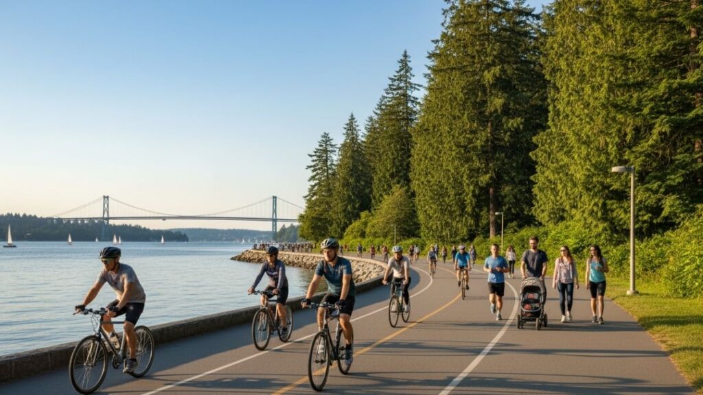 cyclists and walkers on the vancouver seawall beside stanley park 20251115 201059 0000