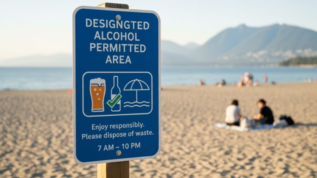 designated alcohol permitted zone sign at a vancouver beach 20251115 202435 0000
