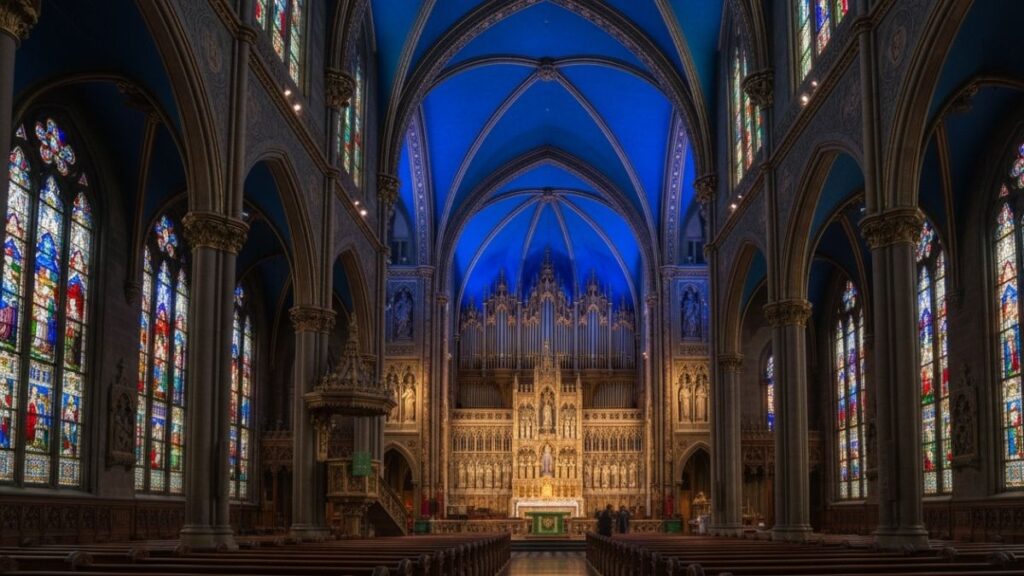 inside the notre dame basilica with illuminated blue arches and stained gla 20251115 231454 0000