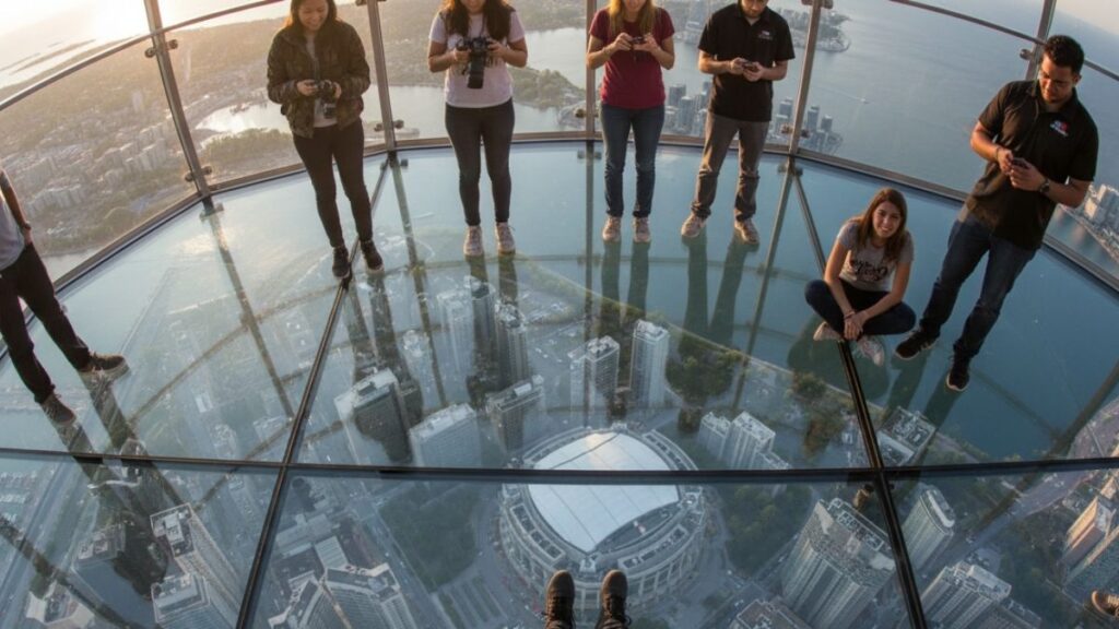 visitors standing on the glass floor at the cn tower overlooking toronto 20251118 113656 0000